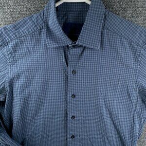 David Donahue 15.5 34/35 Trim Fit Blue Check Long Sleeve Button Up Shirt Men